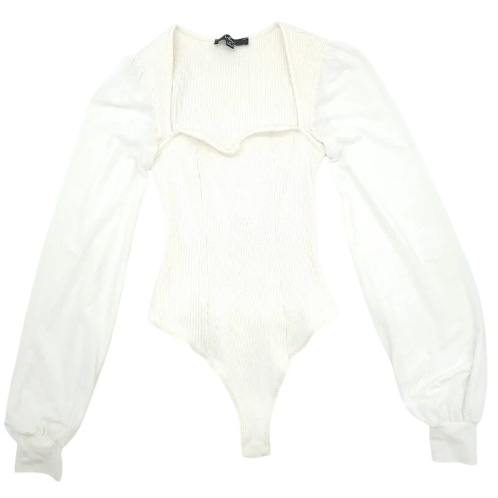 Lulus Bodysuit Sweetheart Neck Balloon Sleeve Ribbed Knit Cream White Small